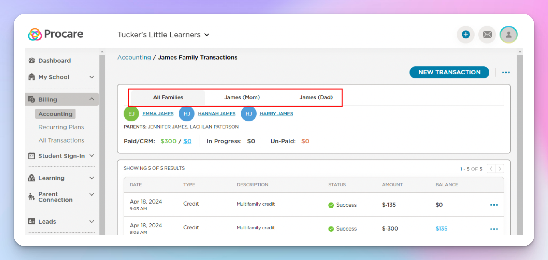 Procare family transactions screen with separate billing tabs for each parent's household