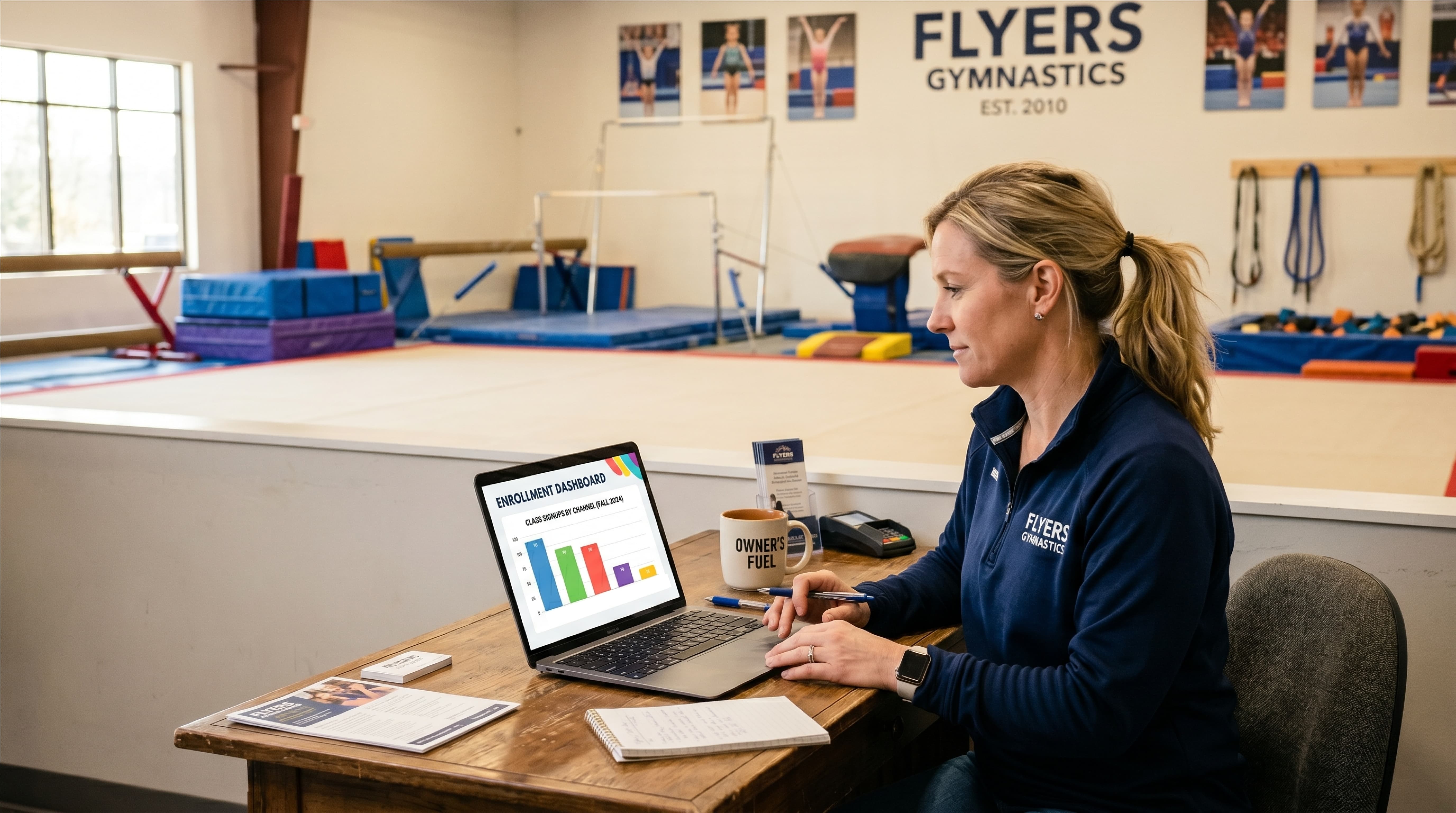 Gymnastics club owner reviewing an enrollment dashboard