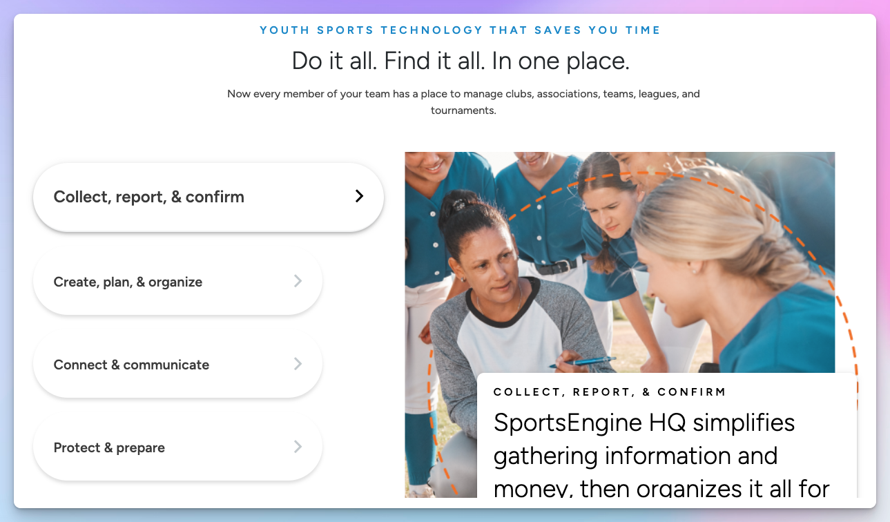 SportsEngine HQ product graphic showing its four-step workflow to collect, organize, communicate, and prepare for a season