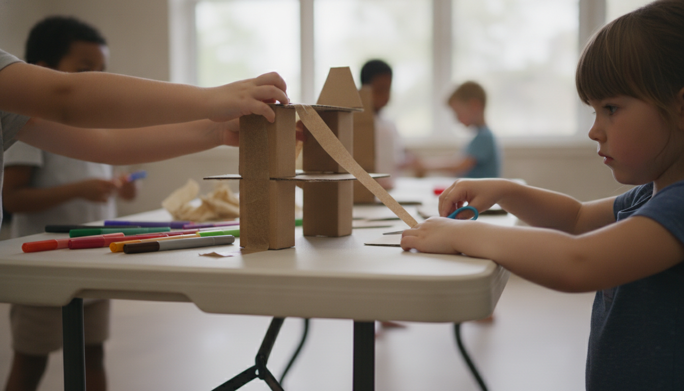 Hands building a cardboard model