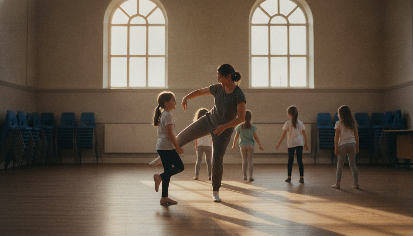 Dance instructor teaching in a school hall