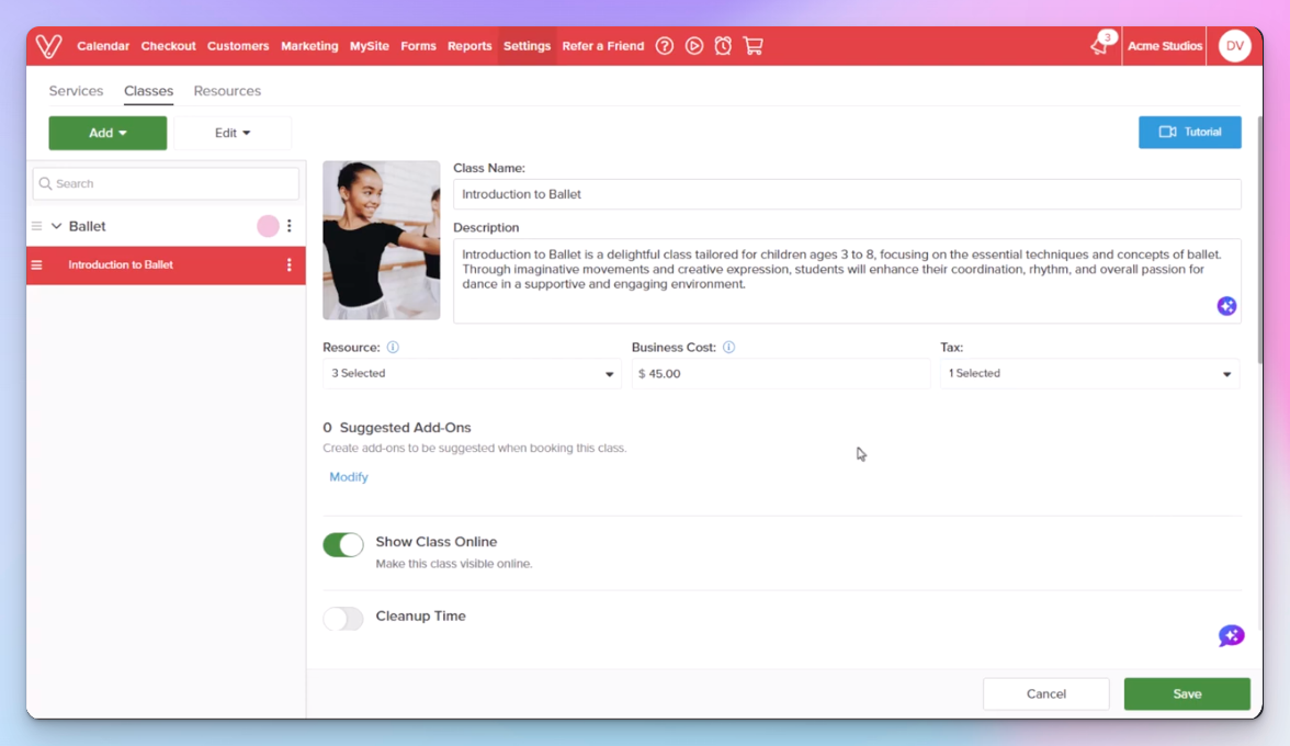 Vagaro class setup screen showing a children's ballet class with description, resources, cost and online visibility settings