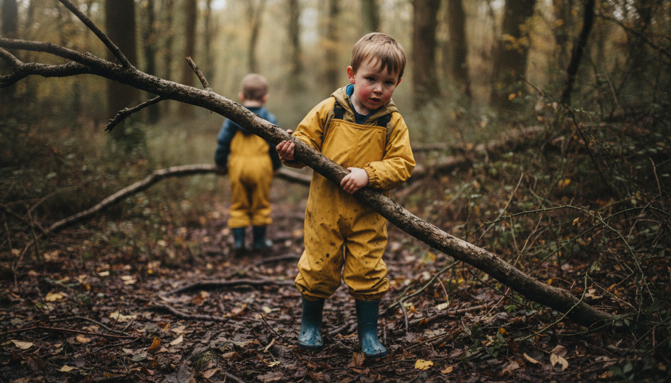 Child carrying a branch in woodland