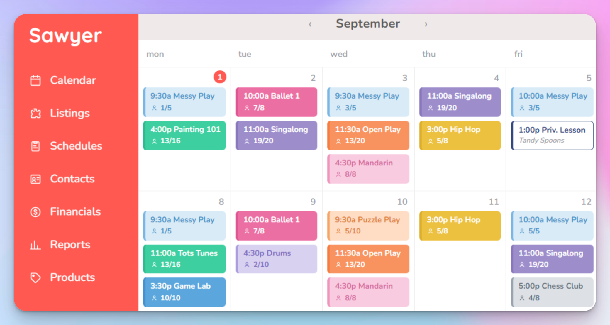Sawyer calendar showing a week of children's classes and a private lesson with enrollment counts