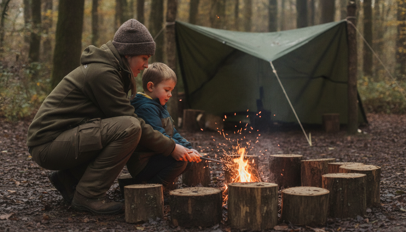 Practitioner and child at a fire circle