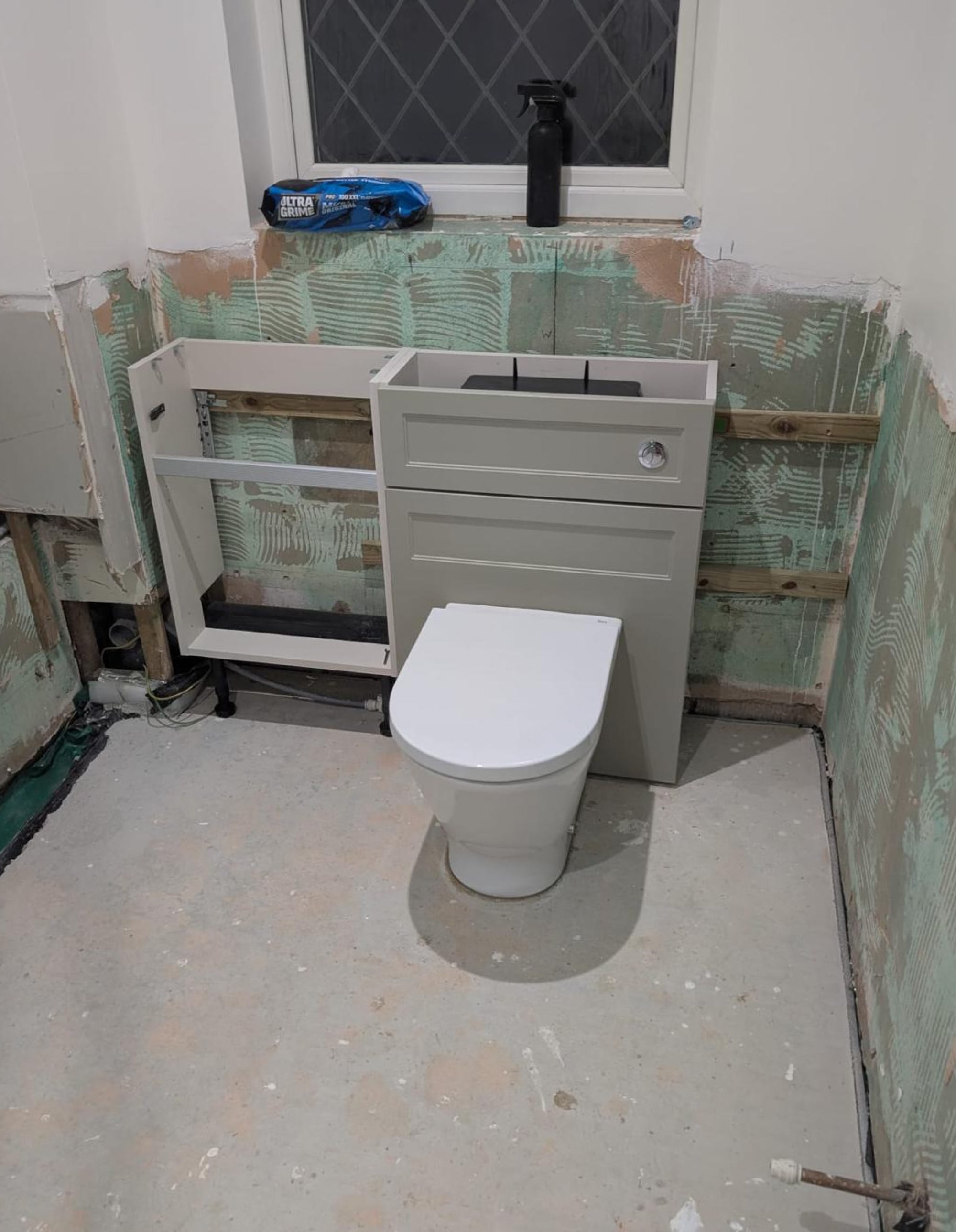 Bathroom renovation with exposed walls and toilet