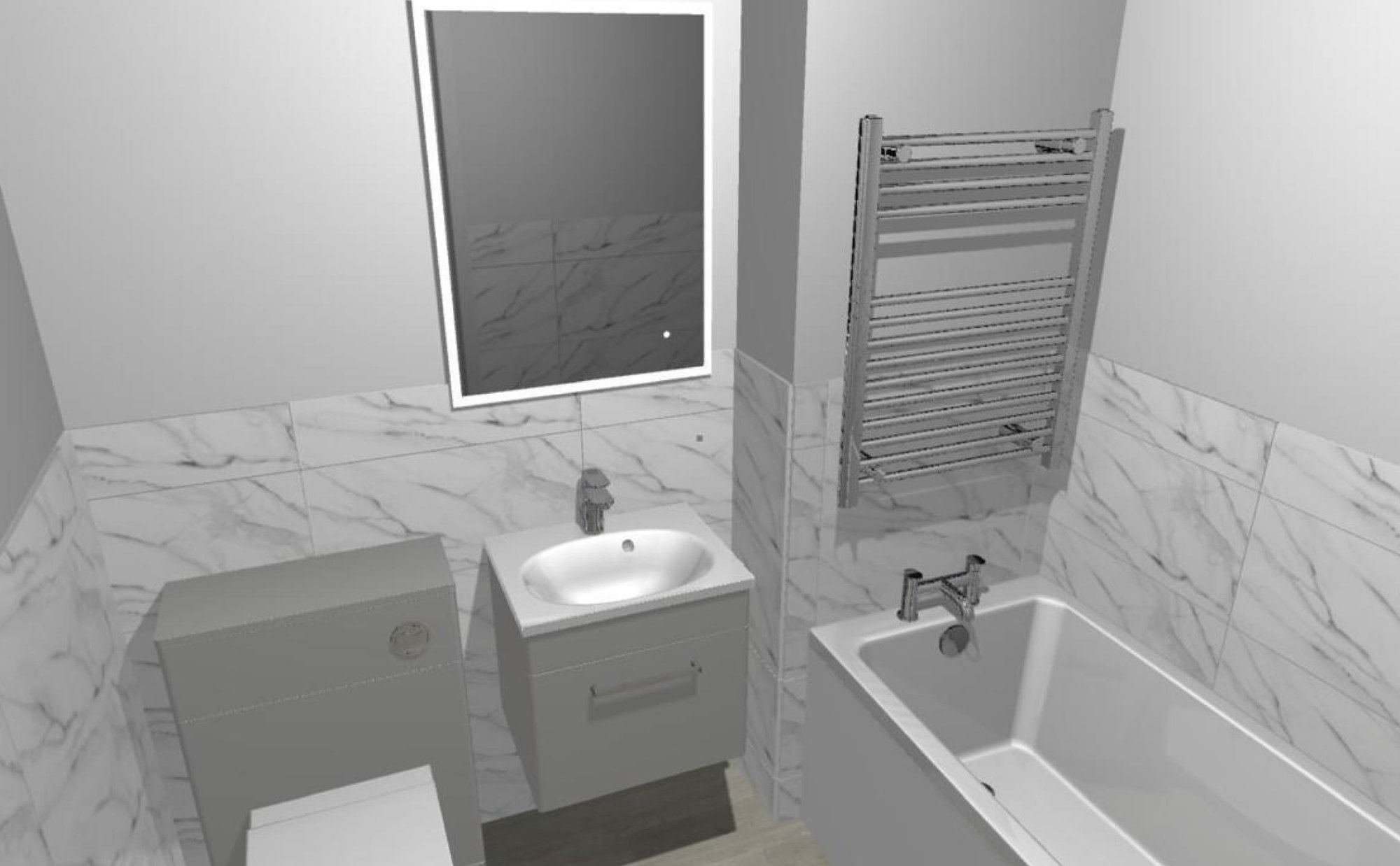 3D bathroom render with bathtub and vanity