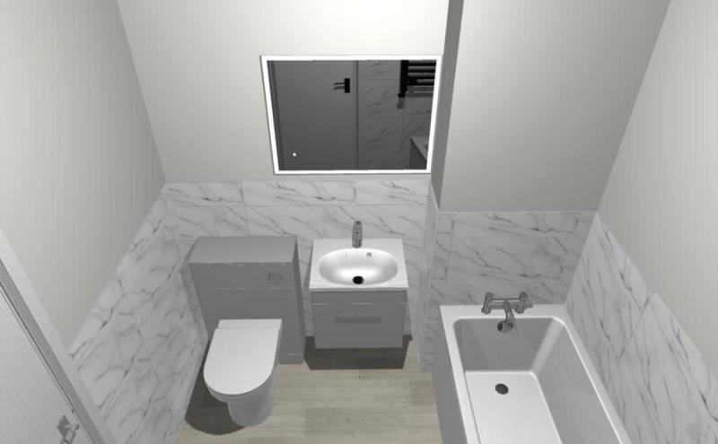 3D bathroom render with toilet, vanity and tub