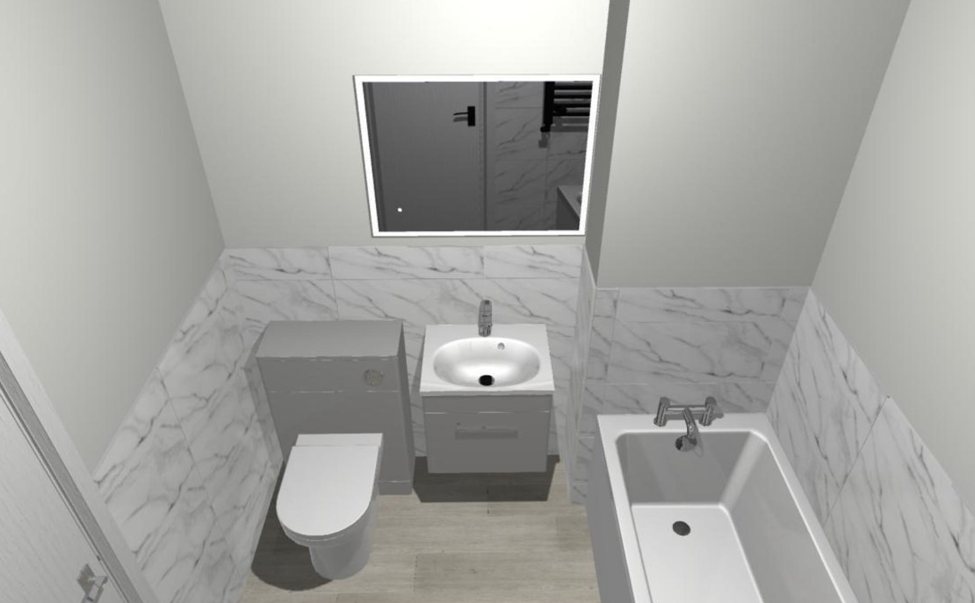 3D bathroom render with toilet, vanity and tub