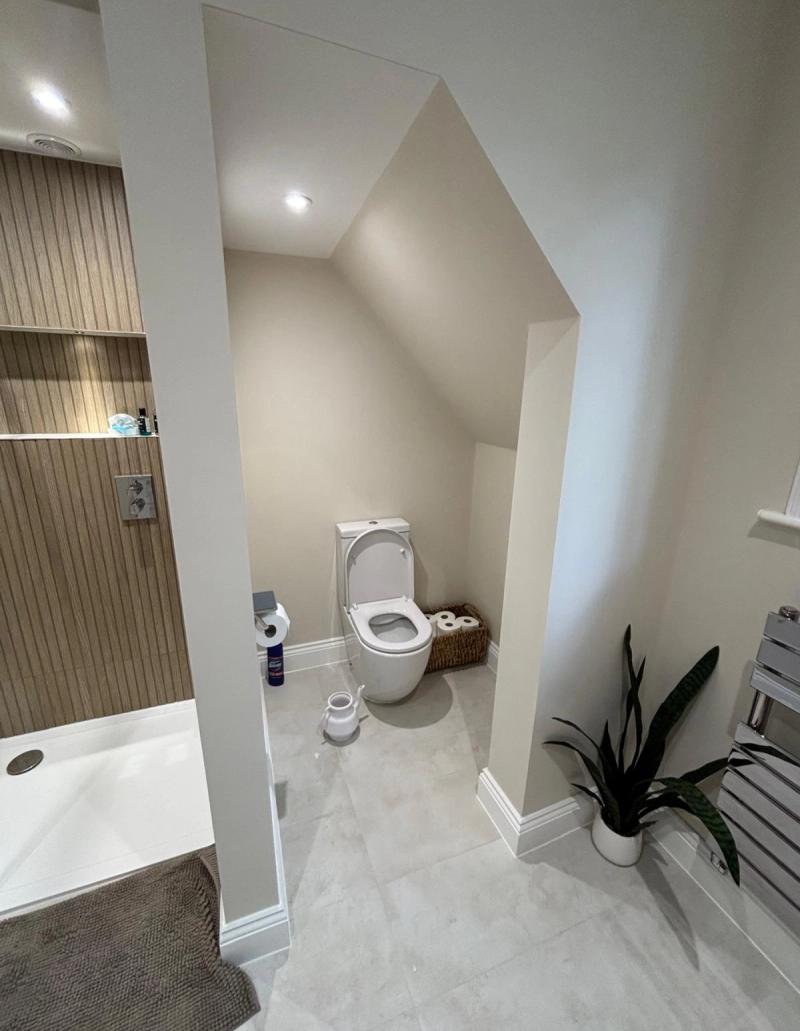 Toilet alcove beside walk-in shower
