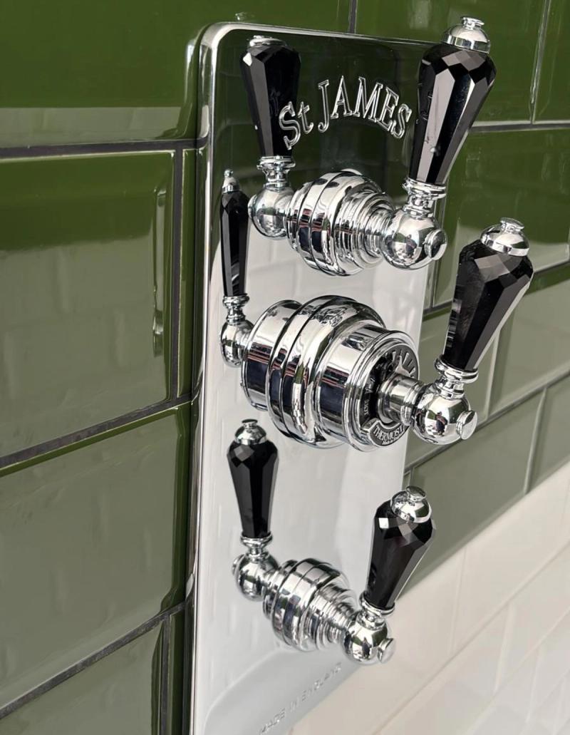 Chrome shower controls with black handles