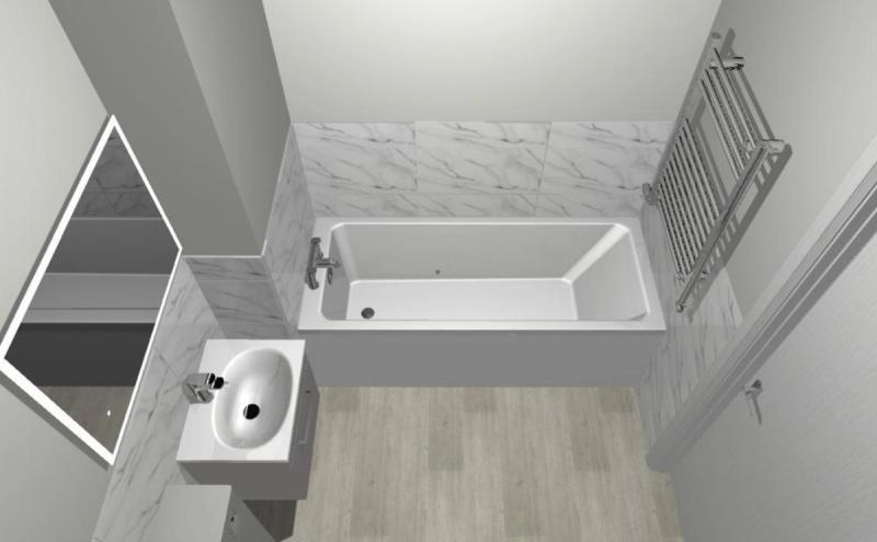 Overhead 3D bathroom layout with bathtub