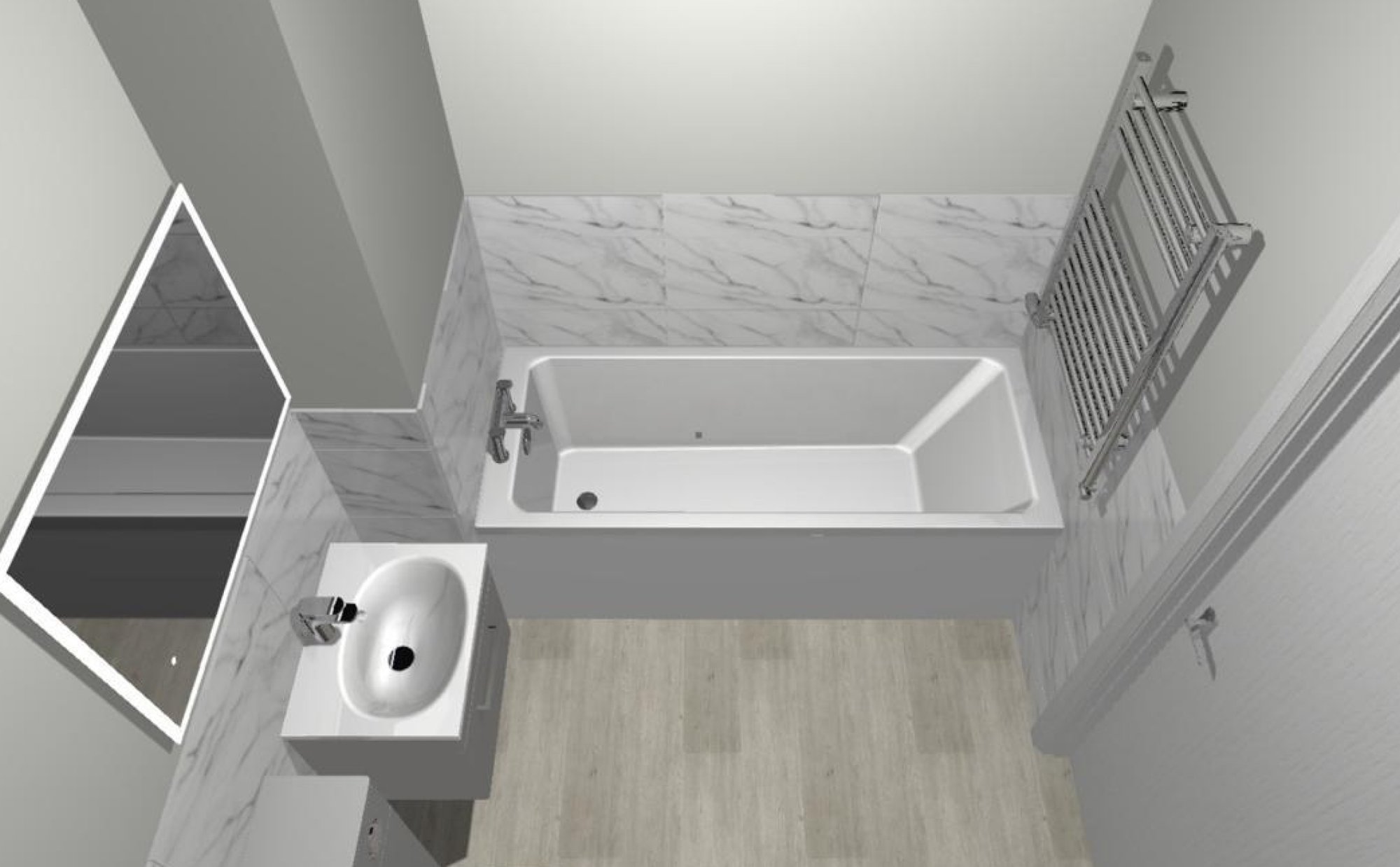 Overhead 3D bathroom layout with bathtub