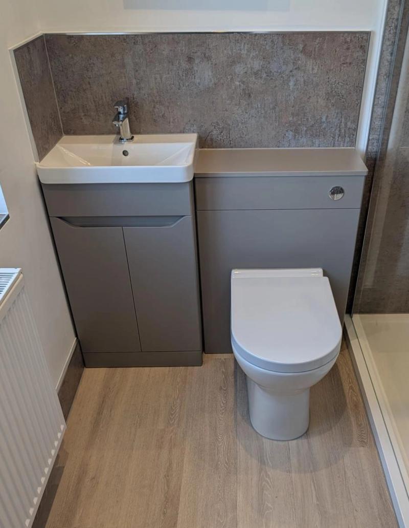 Toilet and vanity beside shower