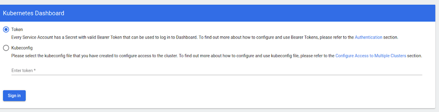 Kubernetes Dashboard login screen with options to authenticate using a token or kubeconfig file.