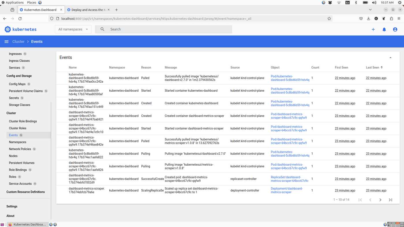 Kubernetes Dashboard displaying event logs, including pod activities such as image pulling, container creation, and startup status, with timestamps and related objects.