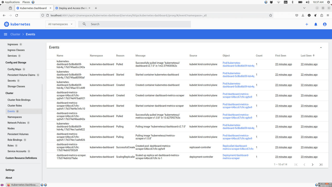Kubernetes Dashboard displaying event logs, including pod activities such as image pulling, container creation, and startup status, with timestamps and related objects.