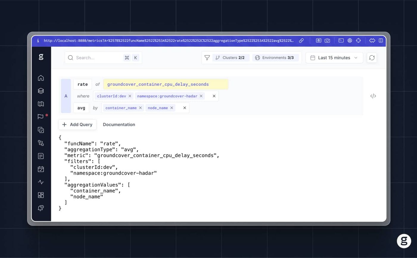 groundcover Query Bar showing CPU delay rate for containers filtered by cluster and namespace