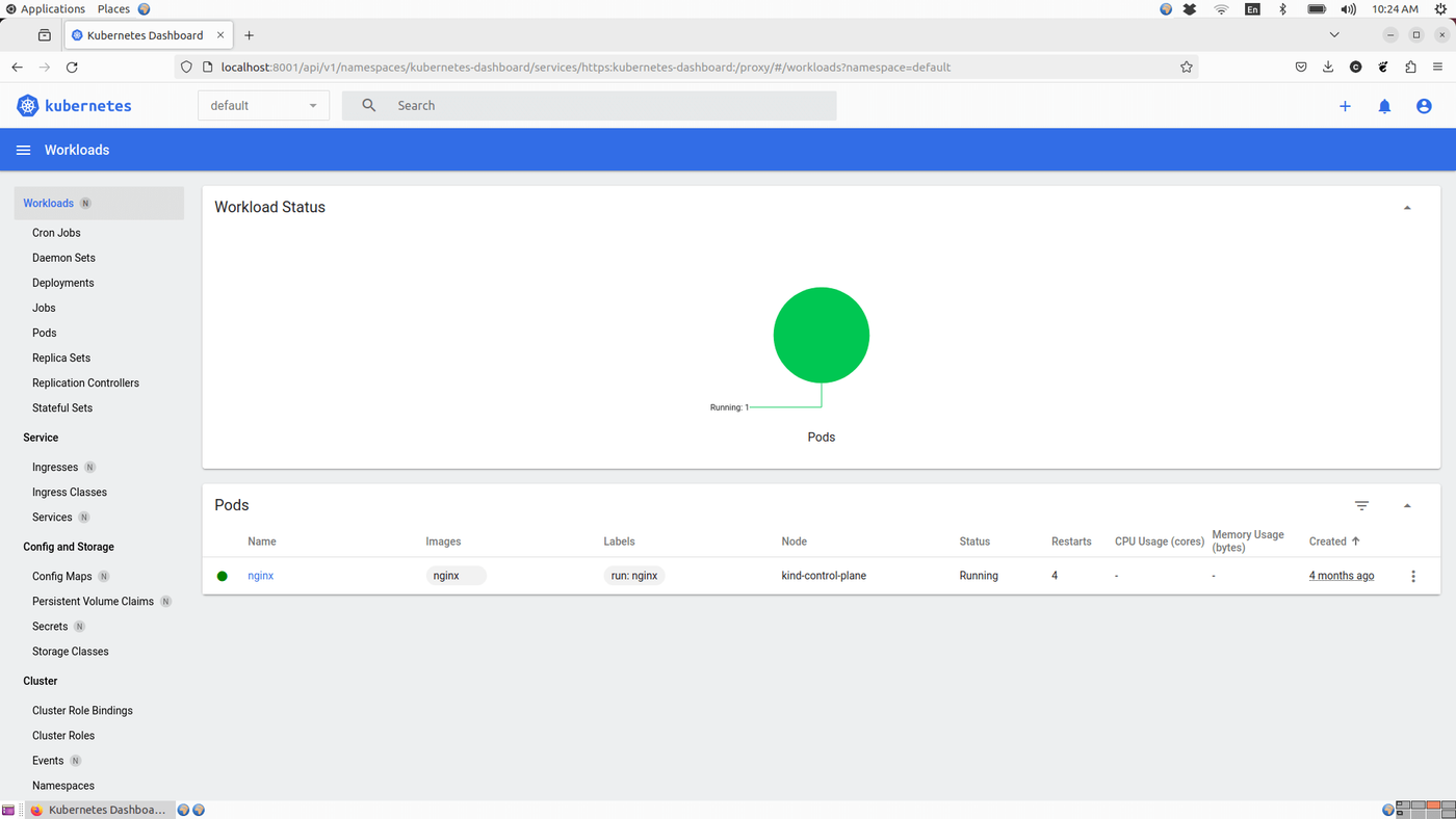 Kubernetes Dashboard showing workload status with a running Nginx pod. Displays pod details such as name, image, labels, node, status, restarts, and creation time.