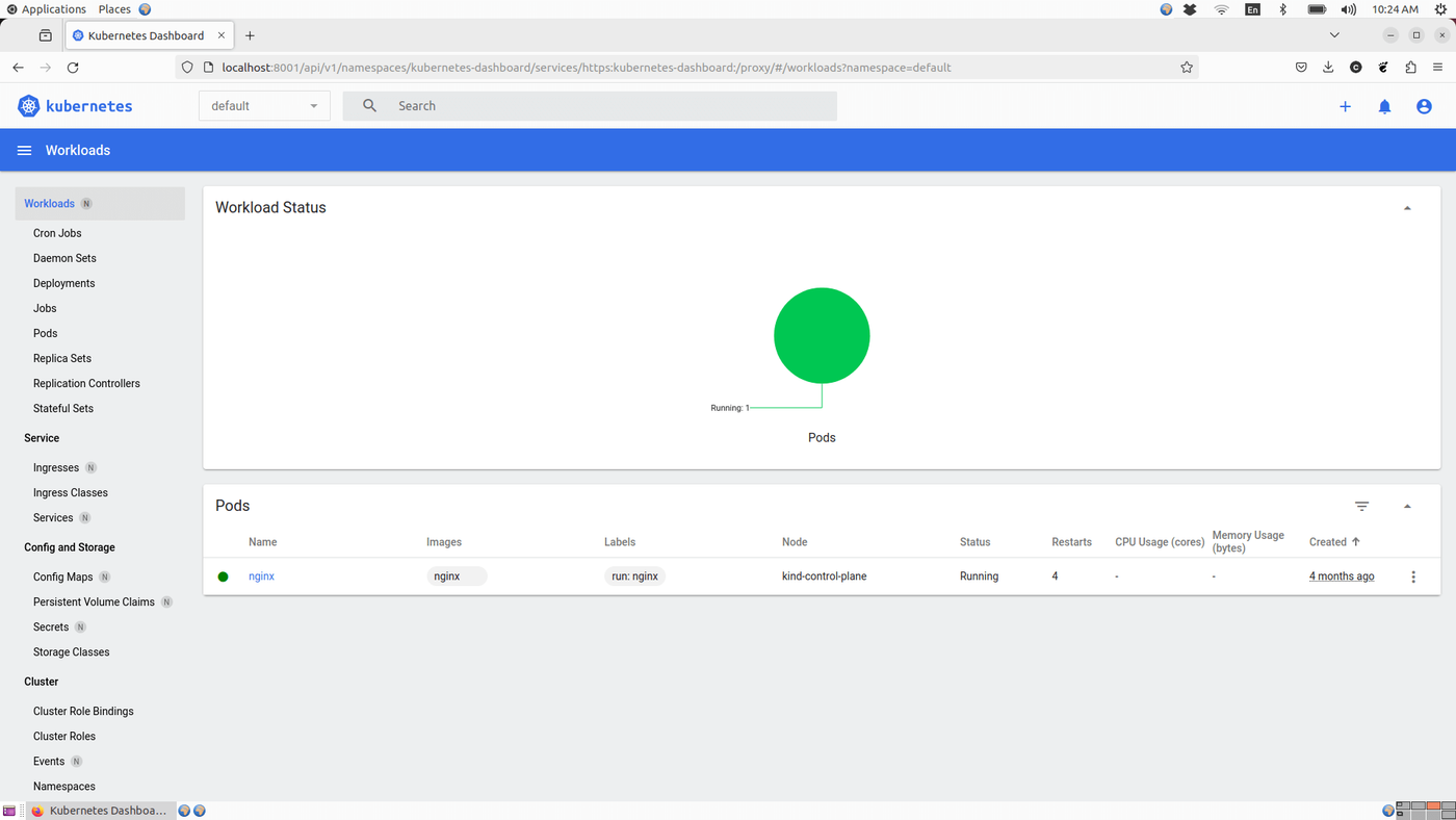 Kubernetes Dashboard showing workload status with a running Nginx pod. Displays pod details such as name, image, labels, node, status, restarts, and creation time.
