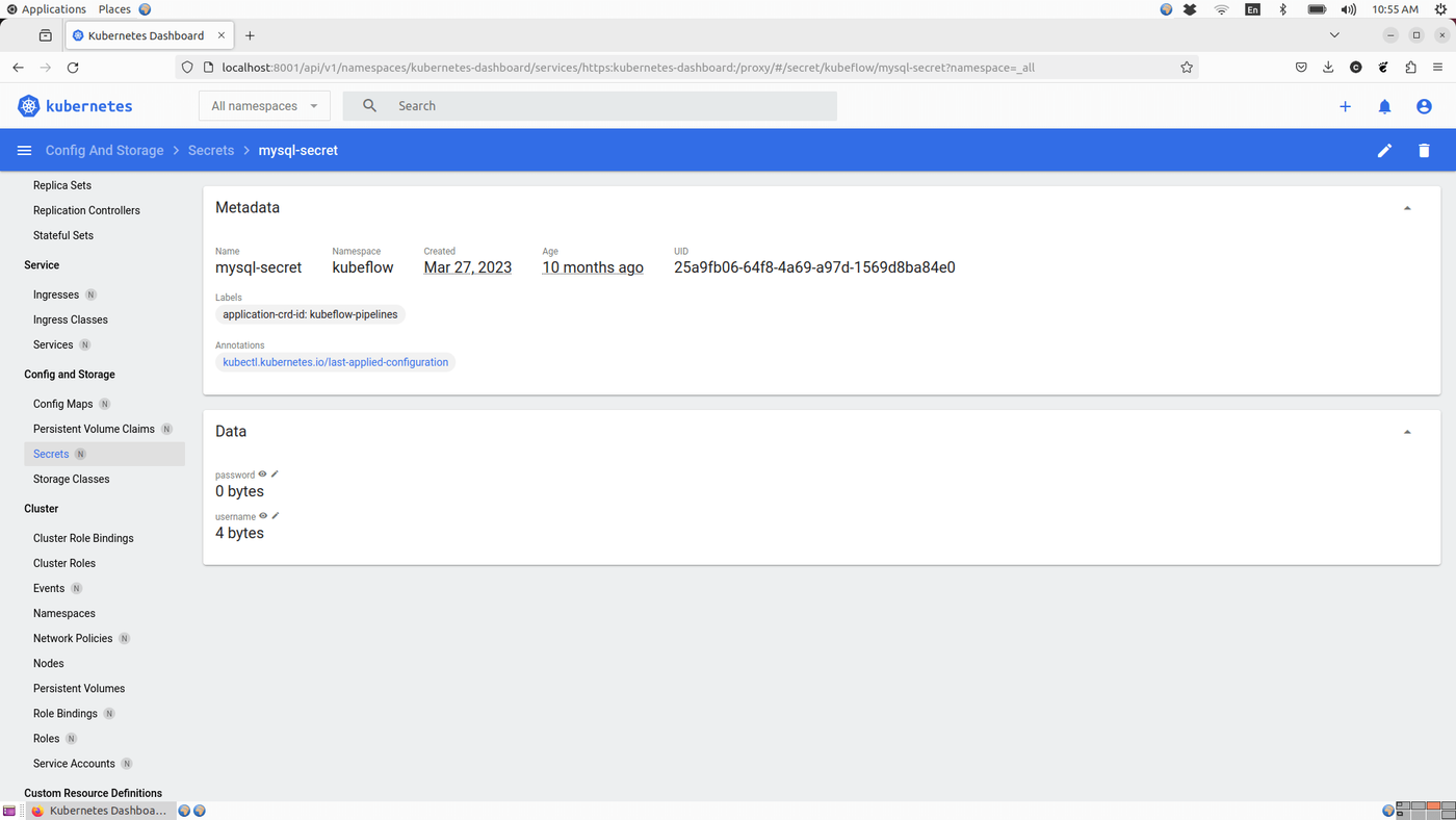 Kubernetes Dashboard displaying details of the 'mysql-secret' in the kubeflow namespace, including metadata, labels, annotations, and data fields for username and password.