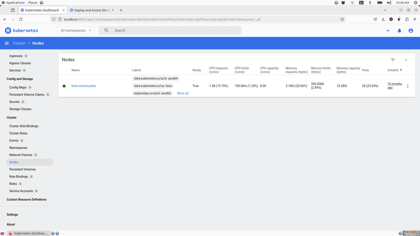 Kubernetes Dashboard displaying node details, including labels, CPU and memory usage, capacity, limits, and the number of running pods for the control plane node.