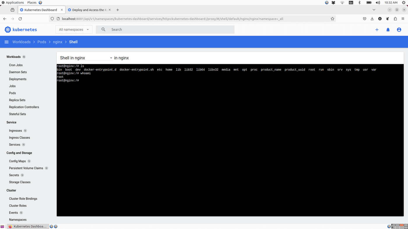 Kubernetes Dashboard showing an interactive shell session in an Nginx pod.