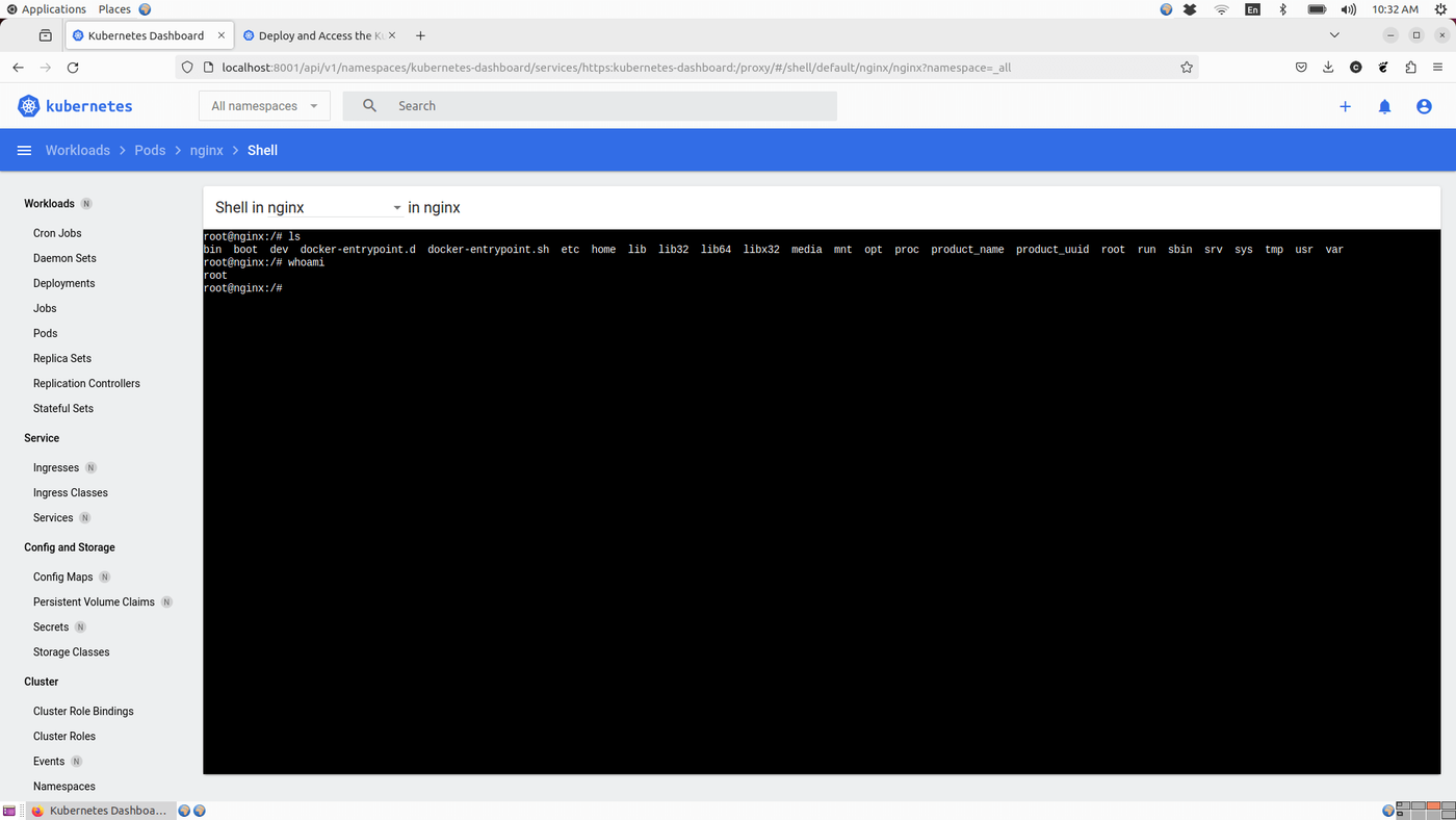 Kubernetes Dashboard showing an interactive shell session in an Nginx pod.