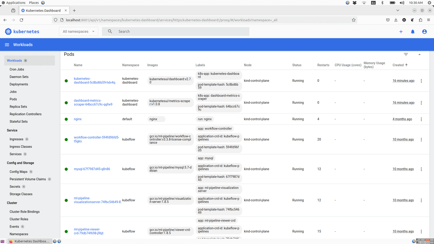 Kubernetes Dashboard showing a list of running pods with details like namespace, images, labels, node assignments, status, restarts, CPU usage, memory usage, and creation time.