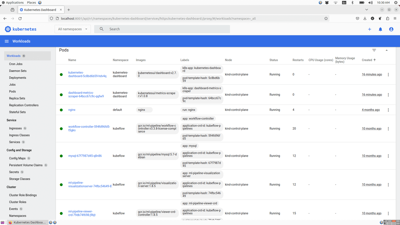 Kubernetes Dashboard showing a list of running pods with details like namespace, images, labels, node assignments, status, restarts, CPU usage, memory usage, and creation time.