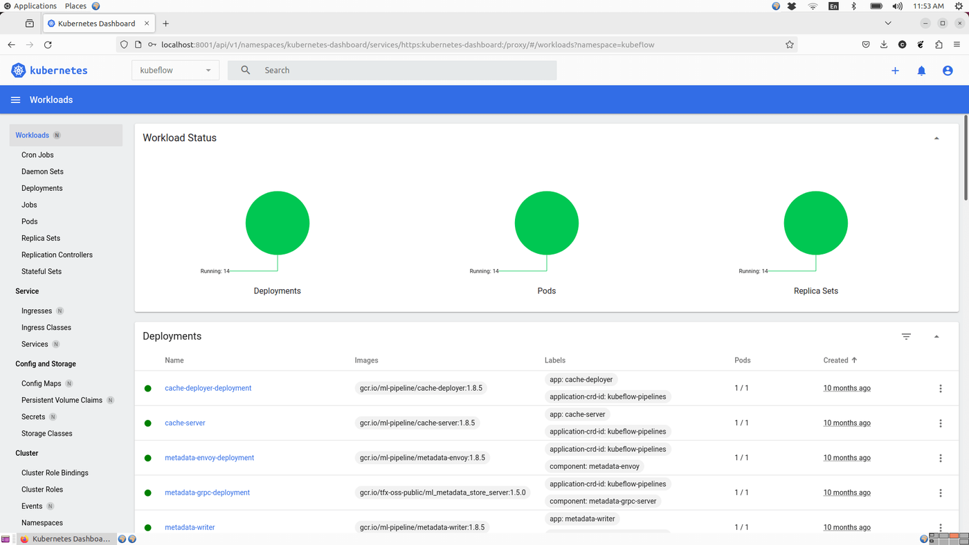 Kubernetes Dashboard showing workload status with deployments, pods, and replica sets.