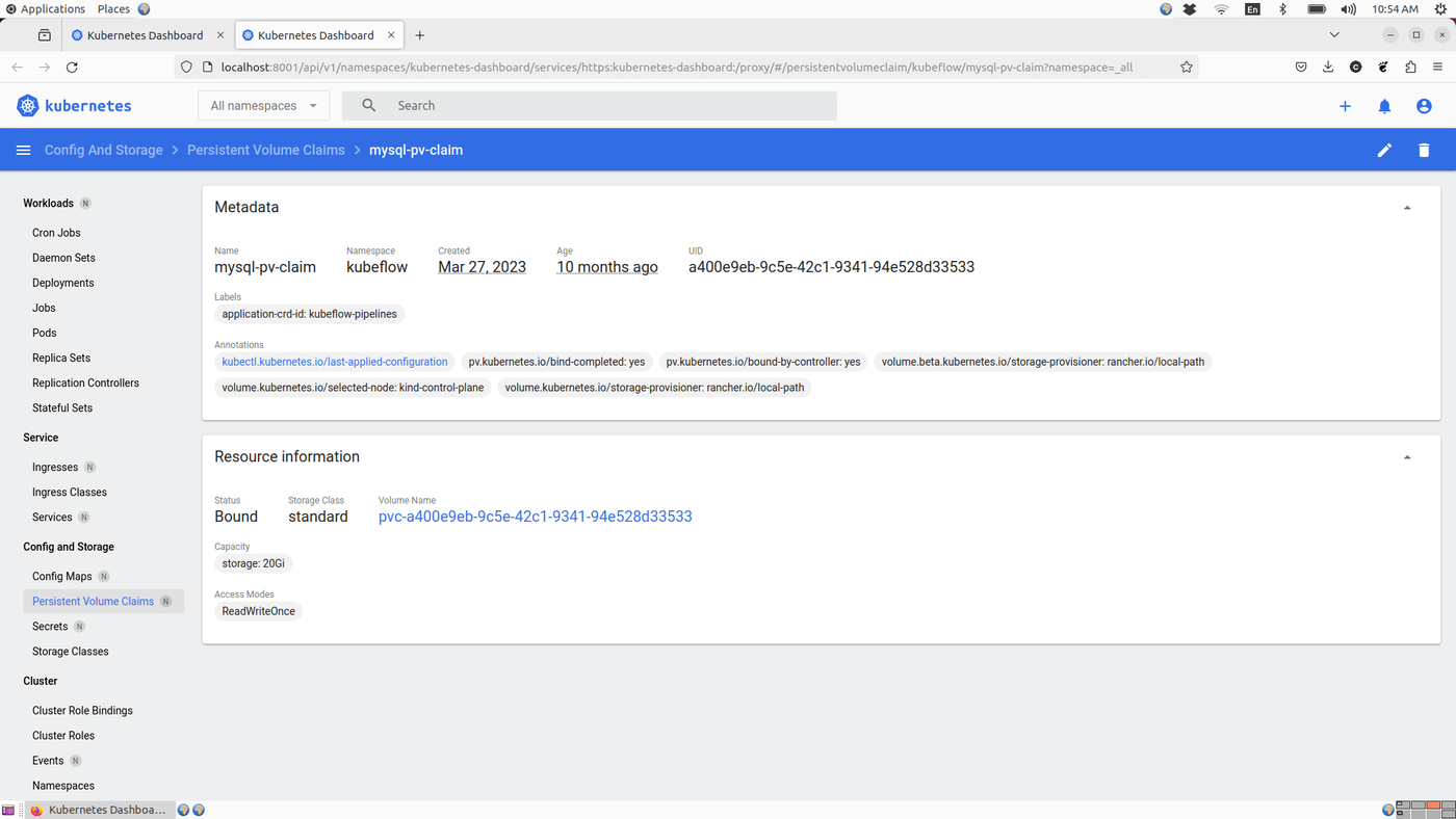 Kubernetes Dashboard displaying details of a Persistent Volume Claim (PVC) named mysql-pv-claim, including metadata, resource information, status, storage class, capacity, and access modes.