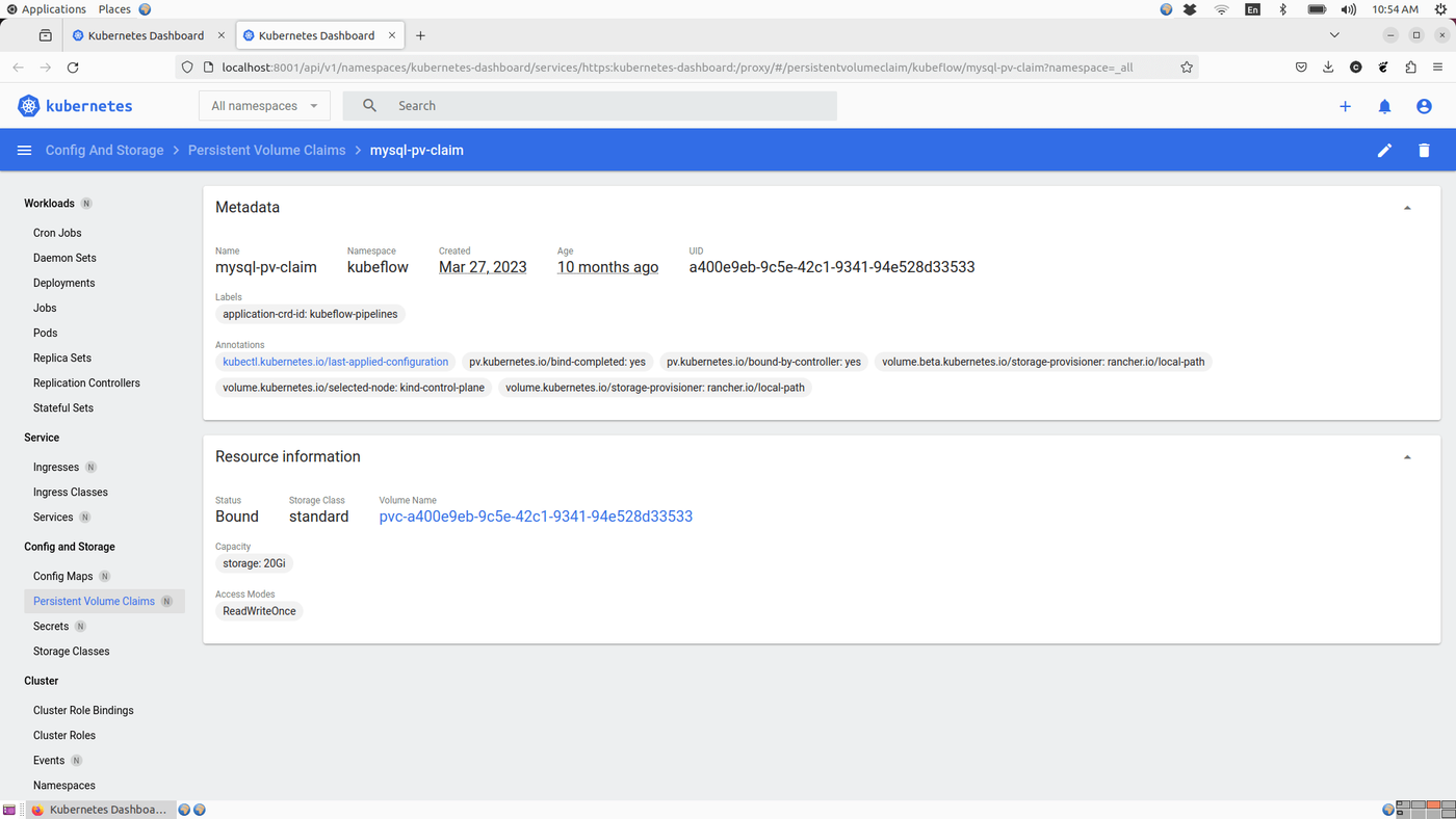 Kubernetes Dashboard displaying details of a Persistent Volume Claim (PVC) named mysql-pv-claim, including metadata, resource information, status, storage class, capacity, and access modes.