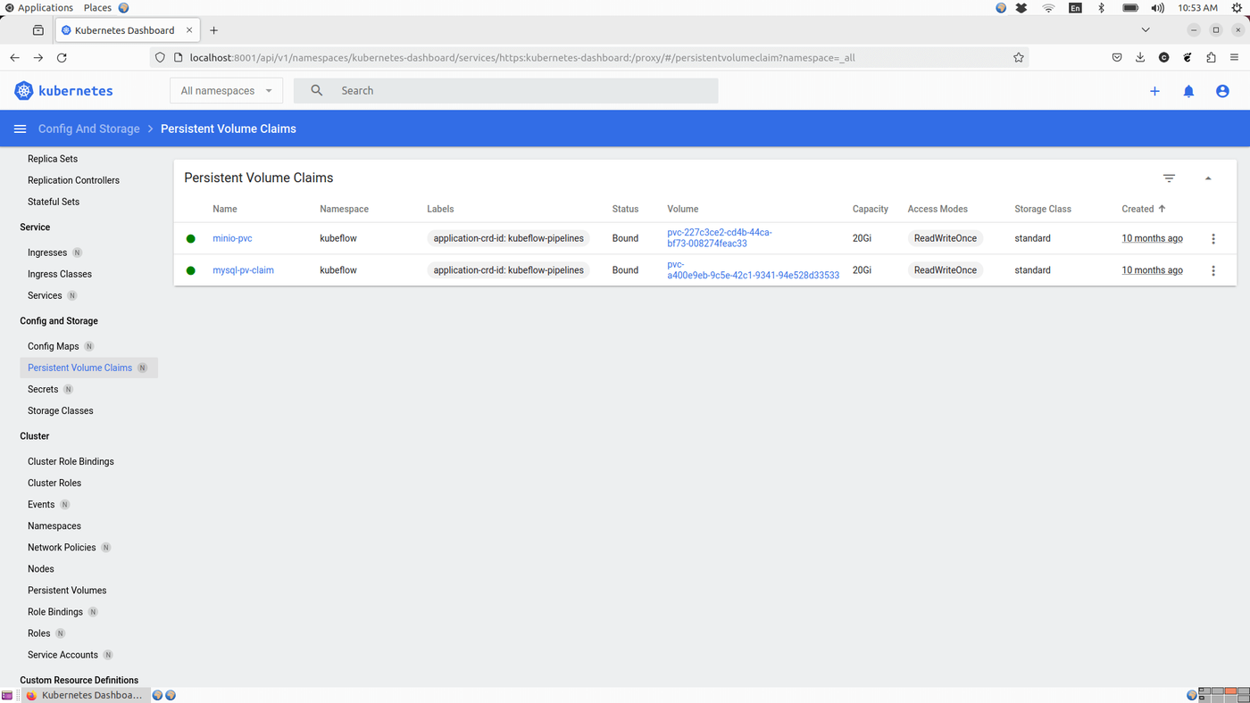 Kubernetes Dashboard showing Persistent Volume Claims with details including name, namespace, labels, status, volume, capacity, access modes, storage class, and creation timestamp.