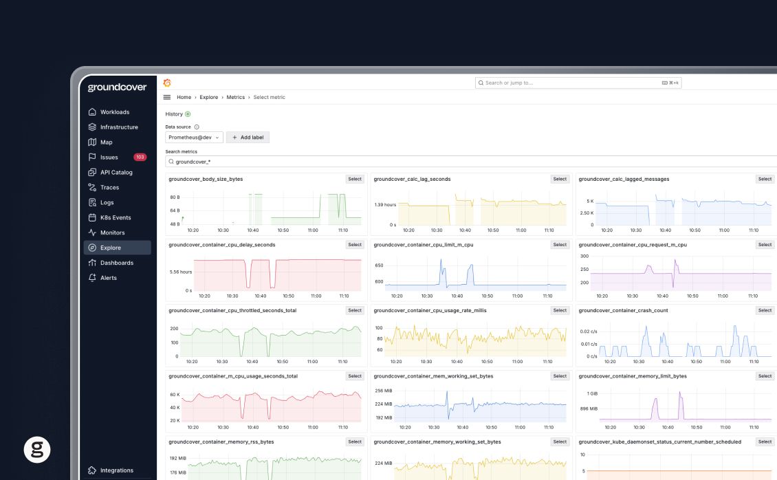 groundcover metrics dashboard showing multiple time-series graphs for CPU, memory, crash count, and container performance using Prometheus data source.
