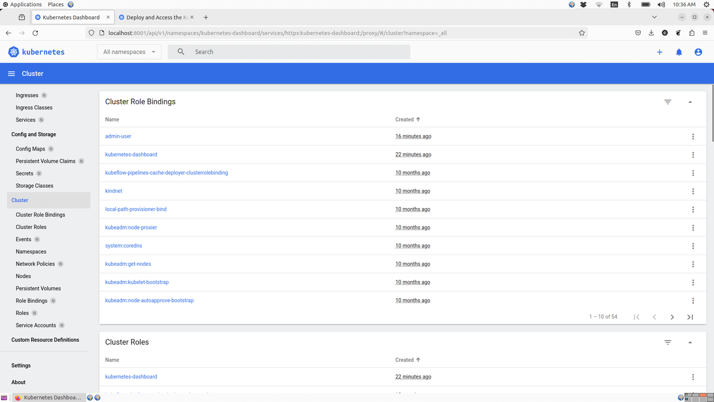 Kubernetes Dashboard showing Cluster Role Bindings and Cluster Roles.