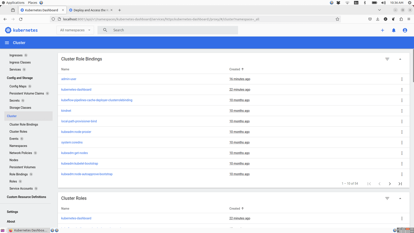 Kubernetes Dashboard showing Cluster Role Bindings and Cluster Roles.