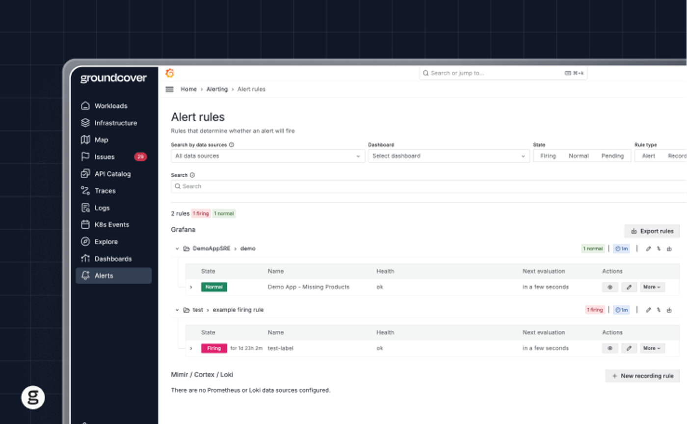 The alert rules dashboard helps teams monitor system health, detect issues, and optimize response times.