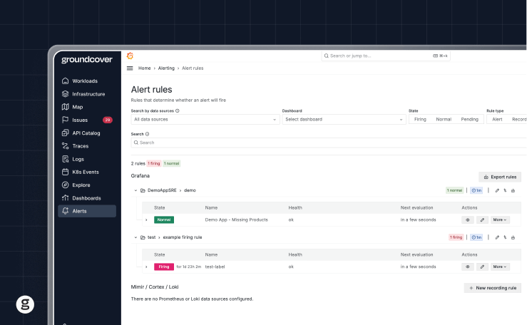 The alert rules dashboard helps teams monitor system health, detect issues, and optimize response times.