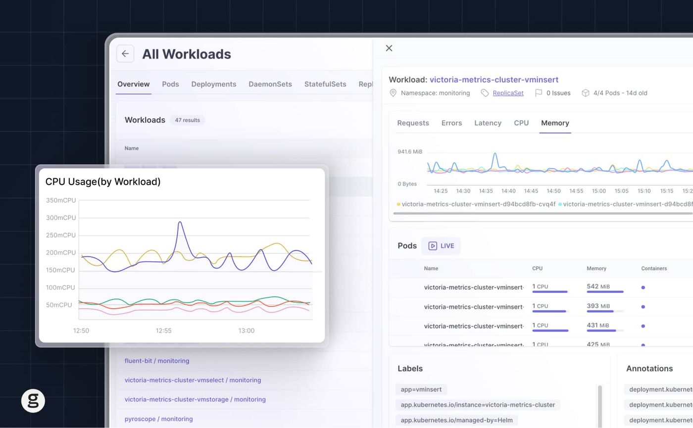Kubernetes workload dashboard displaying CPU usage by workload, memory usage, and pod details.