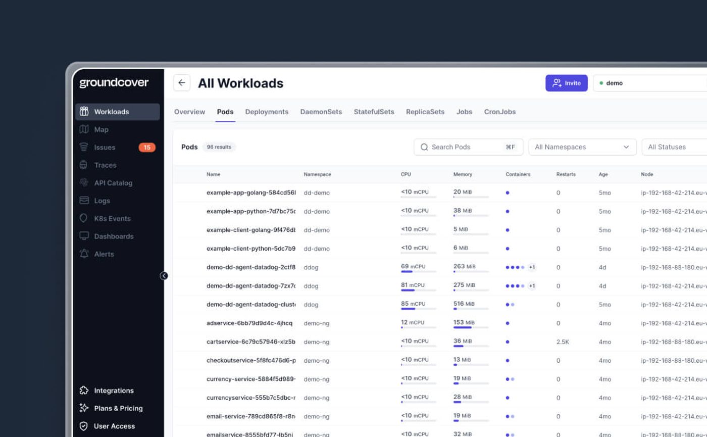 groundcover workloads view displaying details of Kubernetes pods including CPU, memory, and container status.