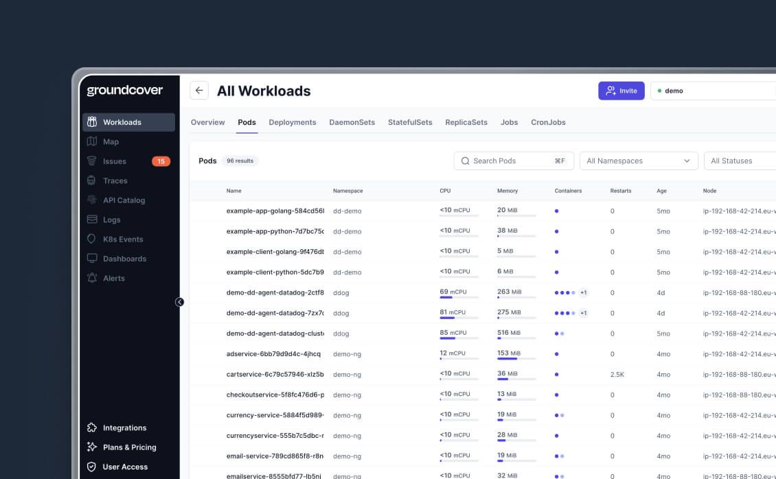 groundcover workloads view displaying details of Kubernetes pods including CPU, memory, and container status.