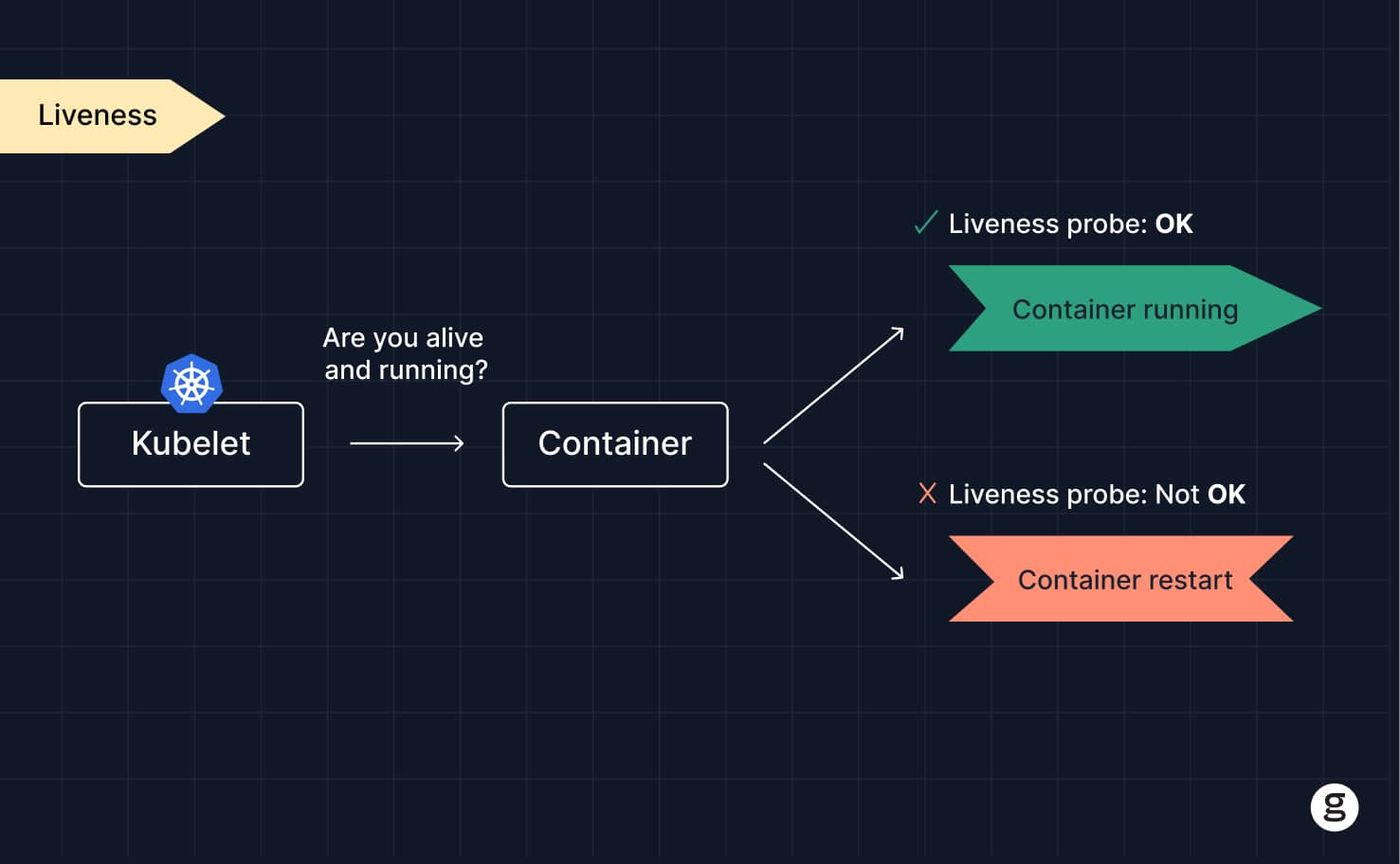 A diagram explaining Kubernetes liveness probes, showing how Kubelet checks if a container is alive. If the probe is OK, the container runs; if Not OK, the container restarts.
