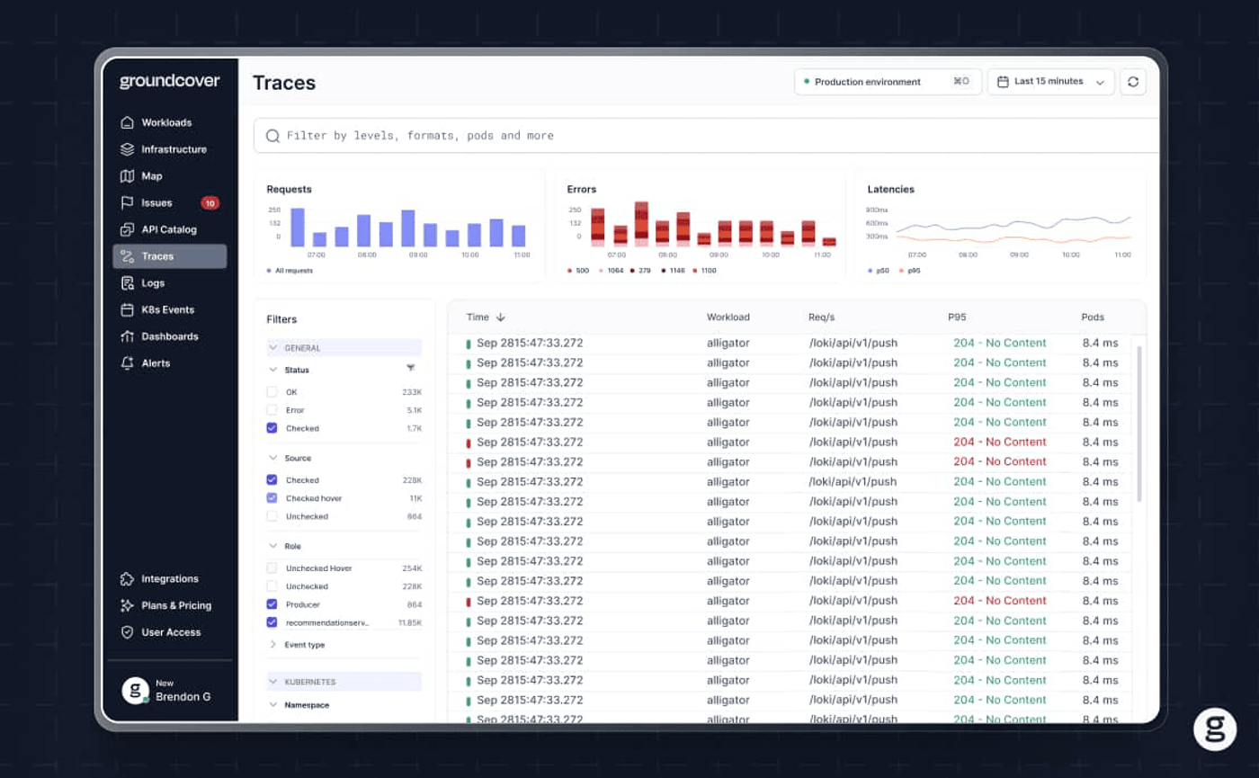 groundcover dashboard showing traces, with graphs for request counts, errors, and latencies, along with detailed trace logs filtered by status, source, role, and event type.