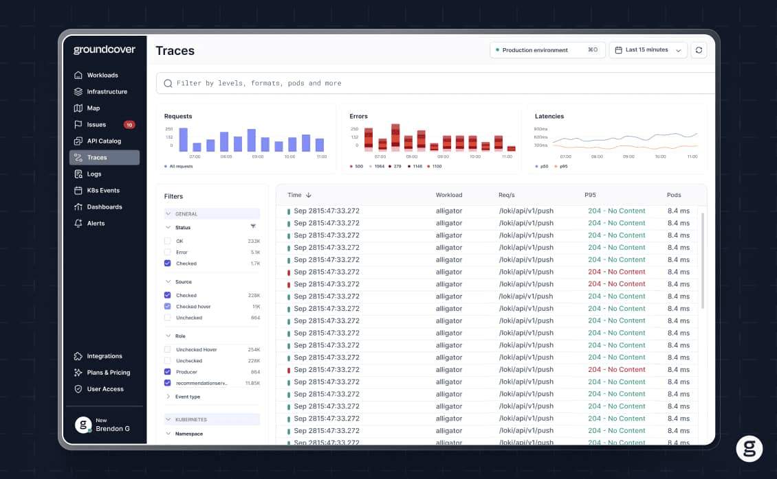 groundcover dashboard showing traces, with graphs for request counts, errors, and latencies, along with detailed trace logs filtered by status, source, role, and event type.