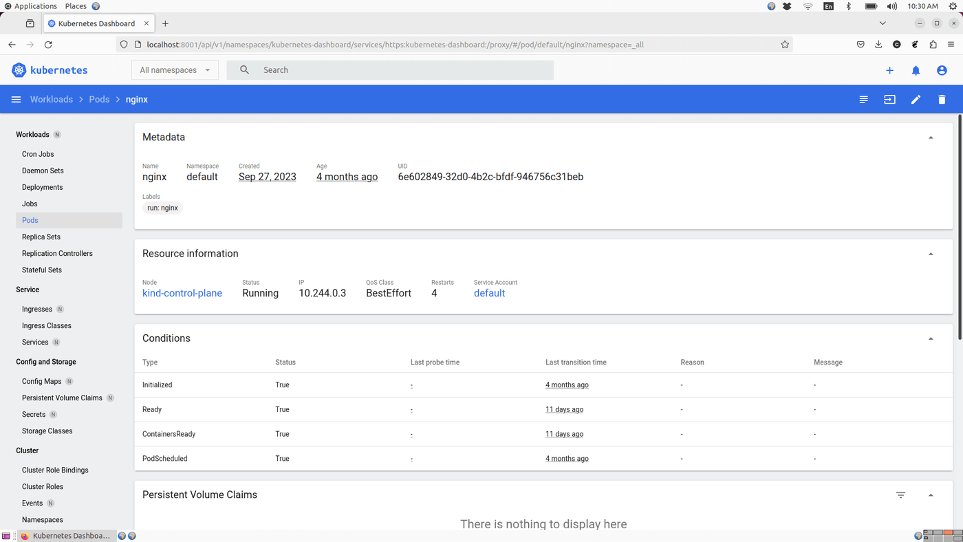 Kubernetes Dashboard displaying details of an Nginx pod, including metadata, resource information, status, conditions, restart count, IP address, QoS class, and persistent volume claims.