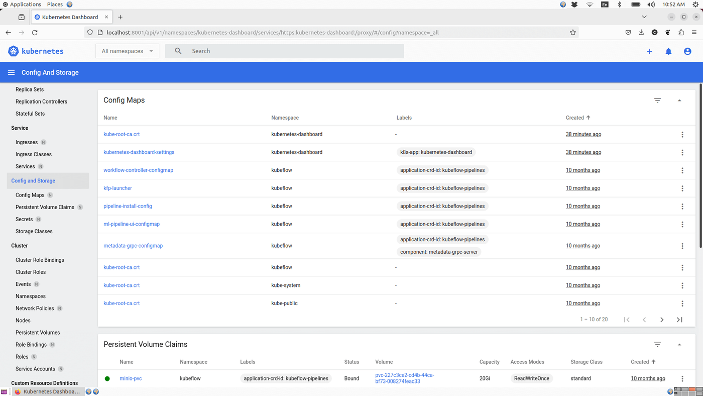 Kubernetes Dashboard displaying Config Maps and Persistent Volume Claims, showing names, namespaces, labels, creation timestamps, storage capacity, access modes, and status.