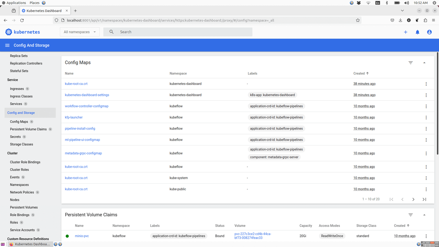 Kubernetes Dashboard displaying Config Maps and Persistent Volume Claims, showing names, namespaces, labels, creation timestamps, storage capacity, access modes, and status.