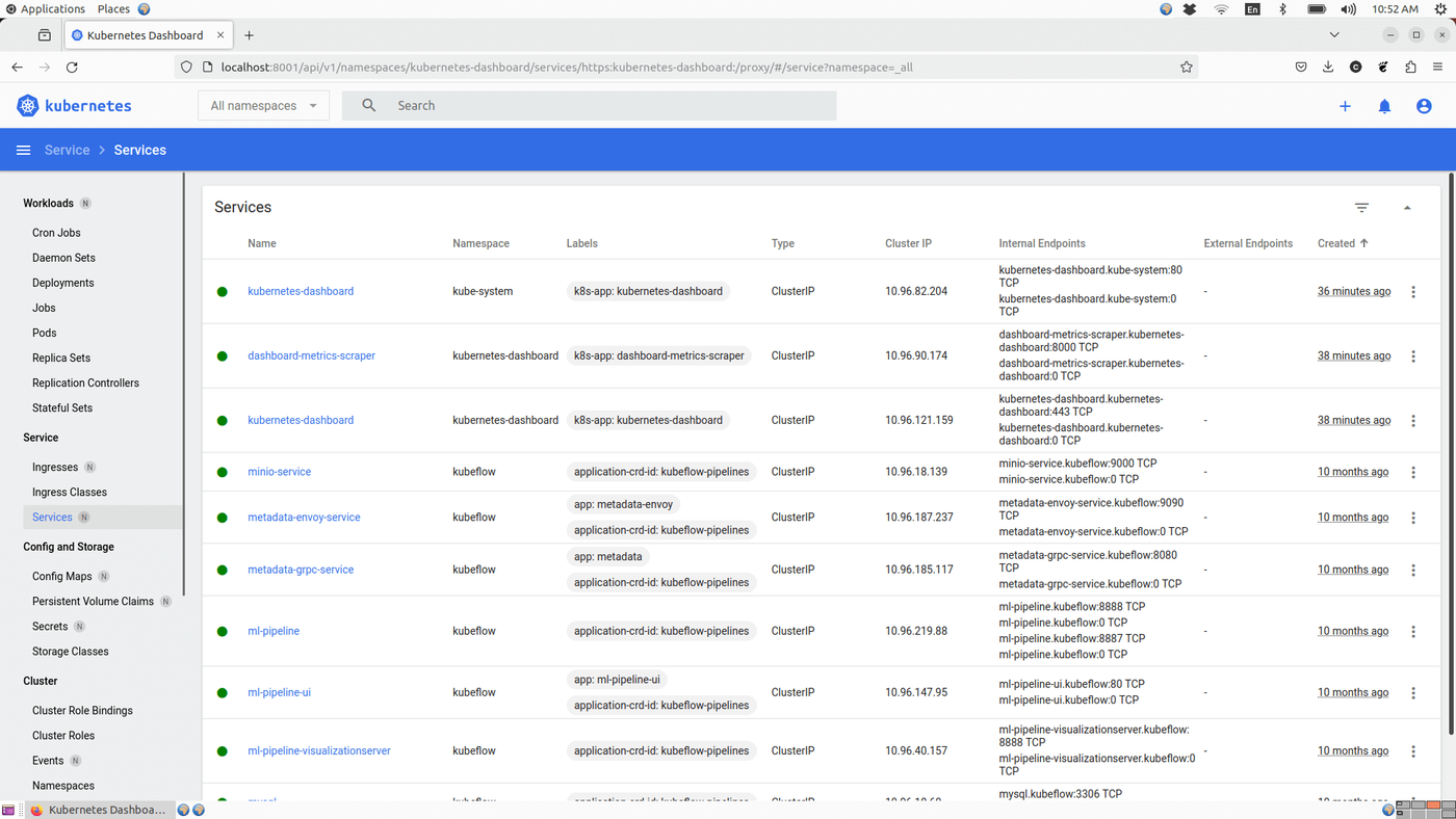 Kubernetes Dashboard displaying a list of services in multiple namespaces, showing service names, types, labels, cluster IPs, internal and external endpoints, and creation timestamps.