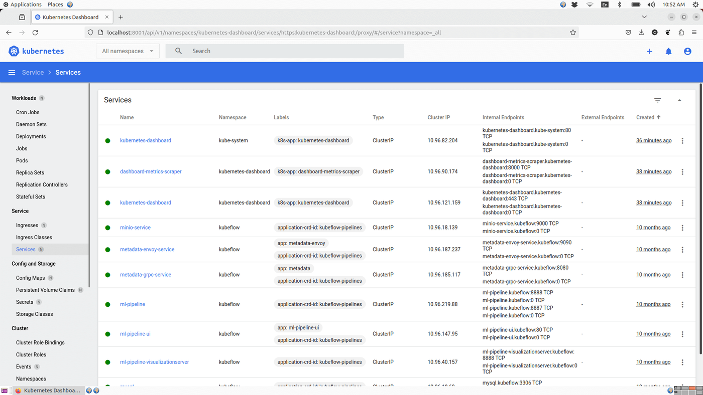 Kubernetes Dashboard displaying a list of services in multiple namespaces, showing service names, types, labels, cluster IPs, internal and external endpoints, and creation timestamps.
